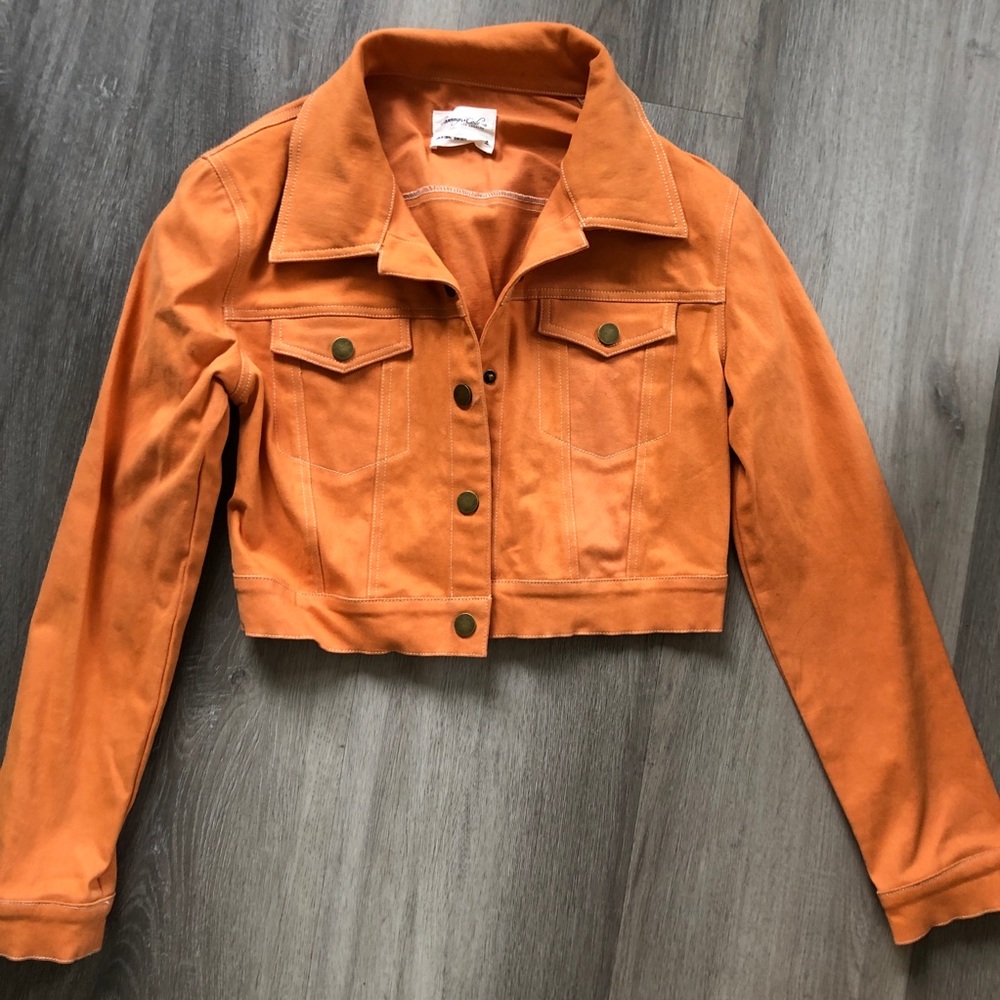 Neon orange crop denim button up jacket